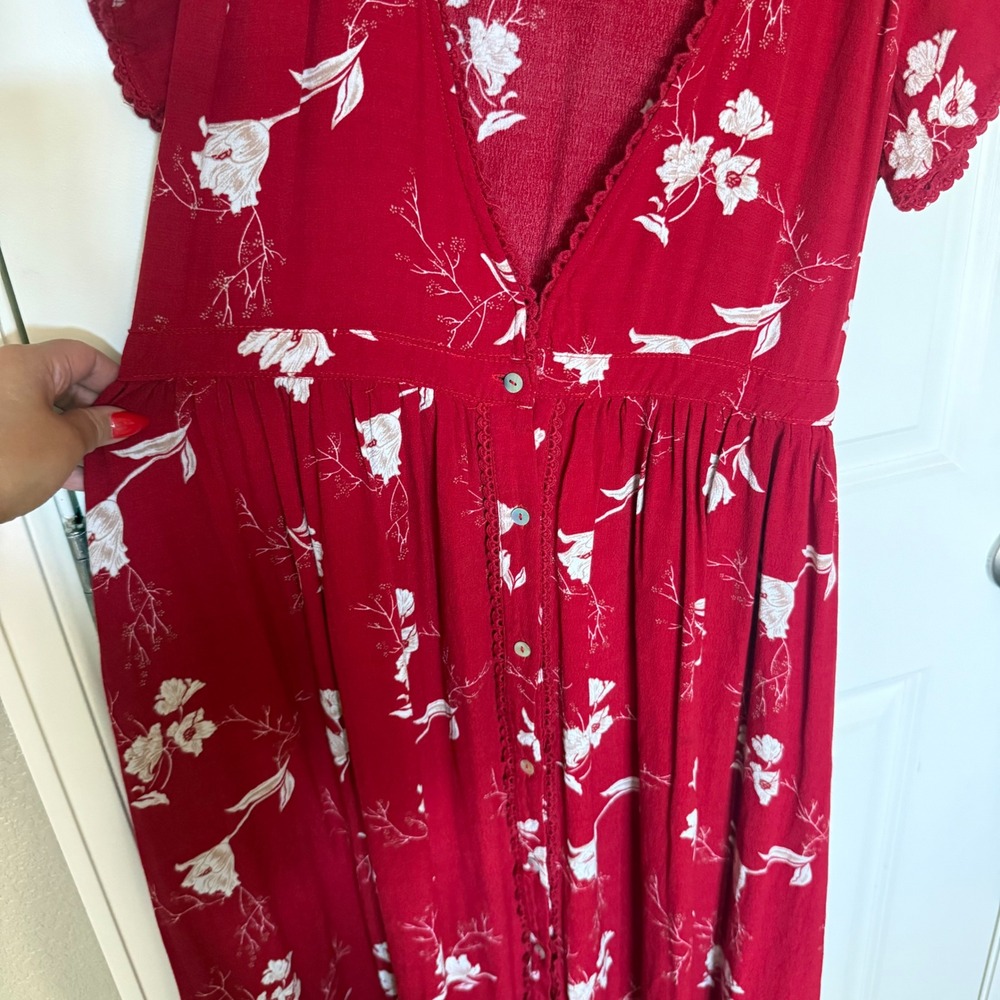 Knot Sisters Domingo Midi‎ Dress In Scarlet Tulips Red Floral Womens Medium - Picture 6 of 11